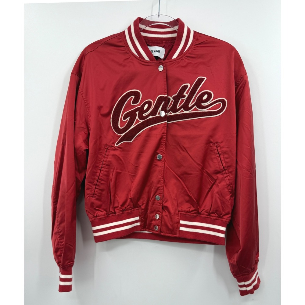 Weekday Kali Varsity Jacket Red "Gentle" Script Logo Ribbed Trim Size S